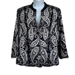 JSong Collection Black White Linen Blazer 8/10 Paisley Embroidered Lightweight